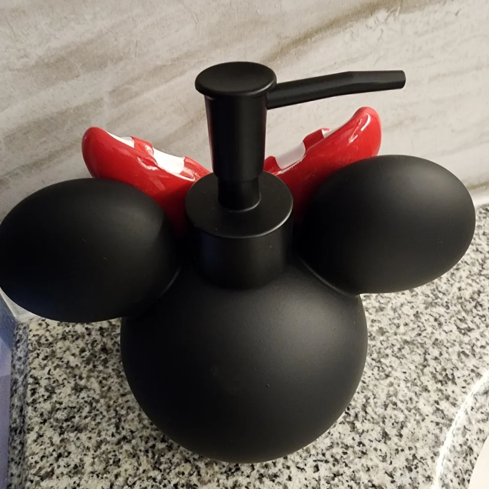 NWT Disney Minnie Mouse Black Soap Dispenser 6in Red Polka Dot Bow Lotion Pump